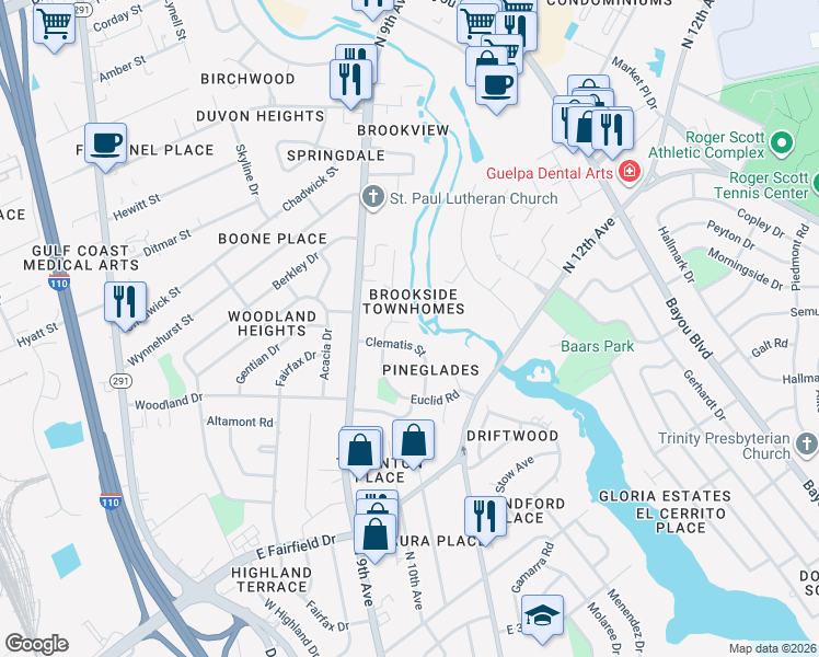 map of restaurants, bars, coffee shops, grocery stores, and more near 931 Brookside Place in Pensacola
