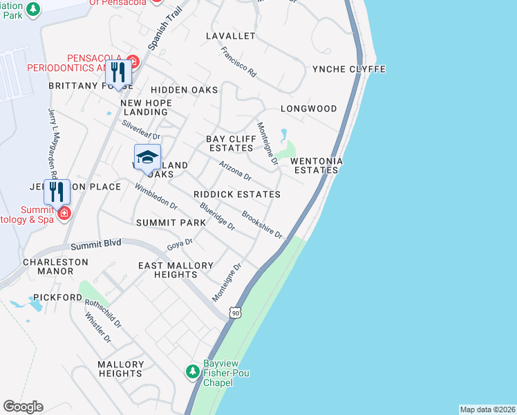 map of restaurants, bars, coffee shops, grocery stores, and more near 3549 Riddick Drive in Pensacola