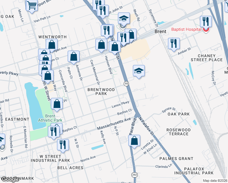 map of restaurants, bars, coffee shops, grocery stores, and more near 106 Virginia Way in Pensacola