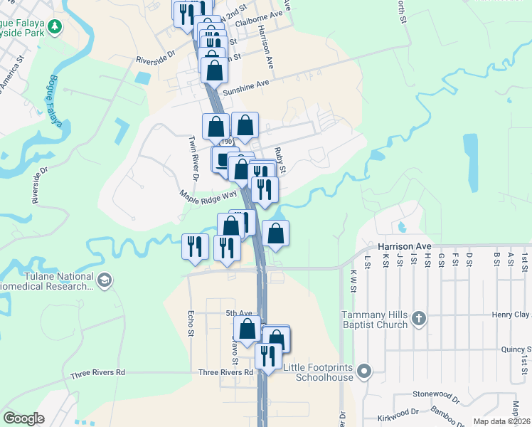 map of restaurants, bars, coffee shops, grocery stores, and more near 1958 North Highway 190 in Covington