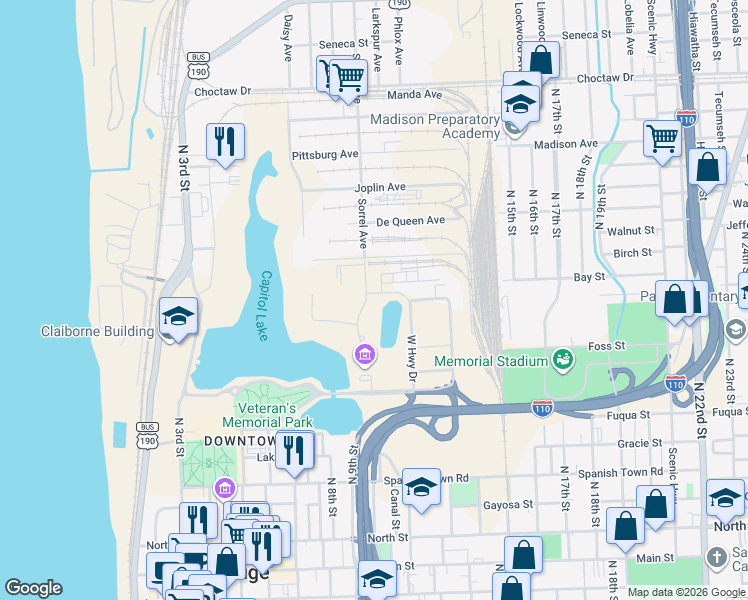 map of restaurants, bars, coffee shops, grocery stores, and more near 1011 Leesville Avenue in Baton Rouge