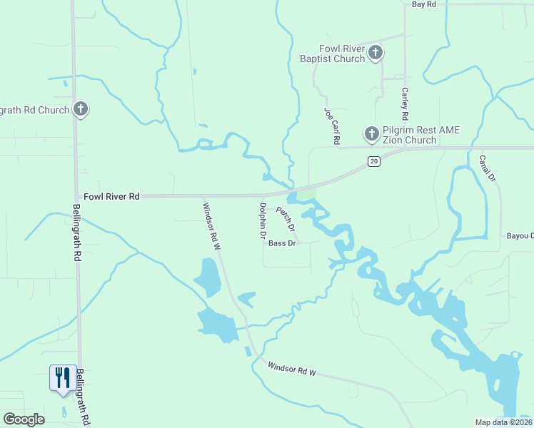 map of restaurants, bars, coffee shops, grocery stores, and more near 11029 Dolphin Drive in Theodore