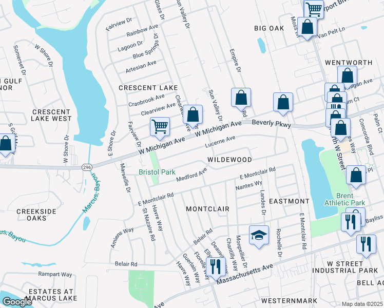 map of restaurants, bars, coffee shops, grocery stores, and more near 910 Lucerne Avenue in Pensacola