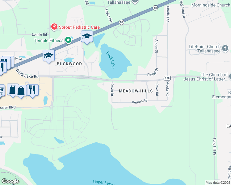 map of restaurants, bars, coffee shops, grocery stores, and more near 1507 Davis Drive in Tallahassee