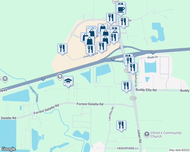 map of restaurants, bars, coffee shops, grocery stores, and more near 9962 Powell Lane in Denham Springs