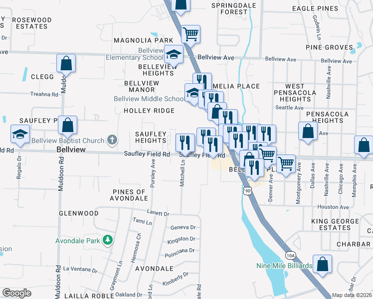 map of restaurants, bars, coffee shops, grocery stores, and more near 4528 Saufley Field Road in Pensacola