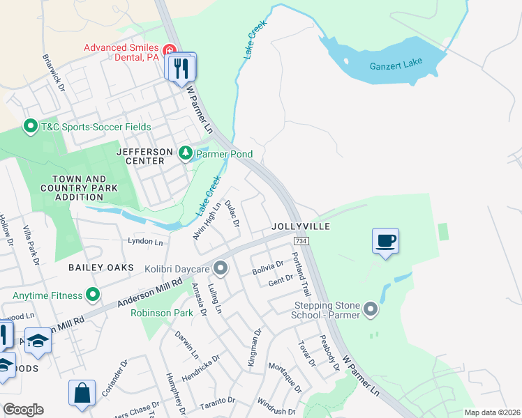 map of restaurants, bars, coffee shops, grocery stores, and more near 8551 Alvin High Lane in Austin