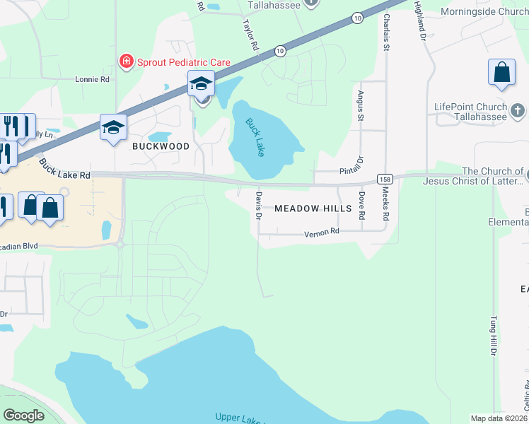 map of restaurants, bars, coffee shops, grocery stores, and more near 1507 Davis Drive in Tallahassee
