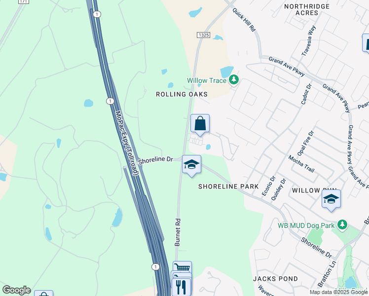map of restaurants, bars, coffee shops, grocery stores, and more near 14550 Farm to Market Road 1325 in Austin