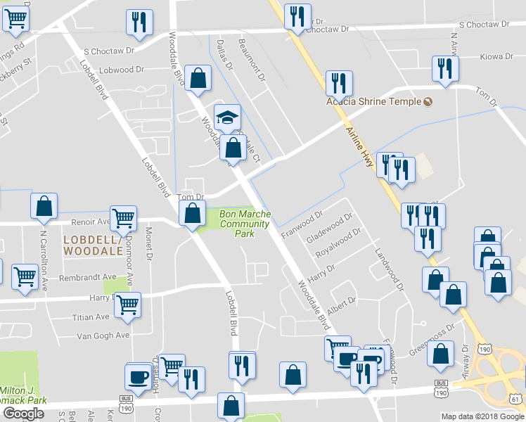 map of restaurants, bars, coffee shops, grocery stores, and more near 1386 Wooddale Boulevard in Baton Rouge
