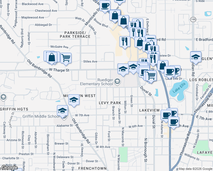 map of restaurants, bars, coffee shops, grocery stores, and more near 638 West 10th Avenue in Tallahassee
