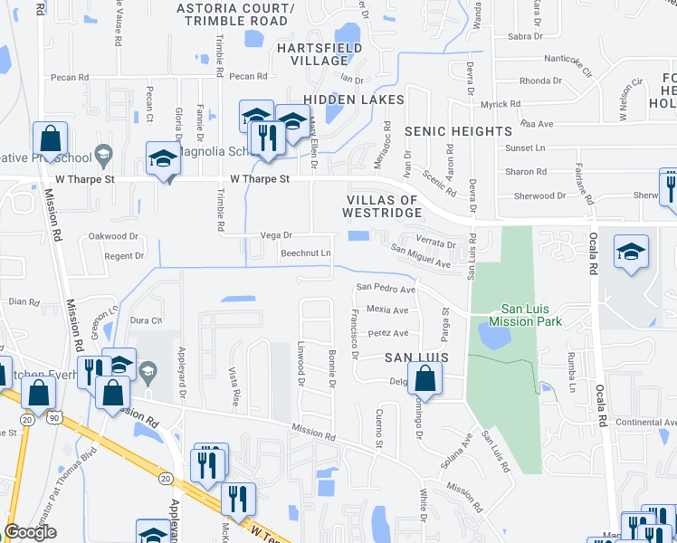map of restaurants, bars, coffee shops, grocery stores, and more near 1413 Deerhaven Lane in Tallahassee