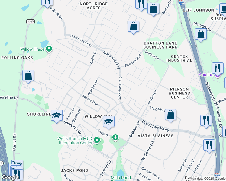 map of restaurants, bars, coffee shops, grocery stores, and more near 3409 Roller Crossing in Austin