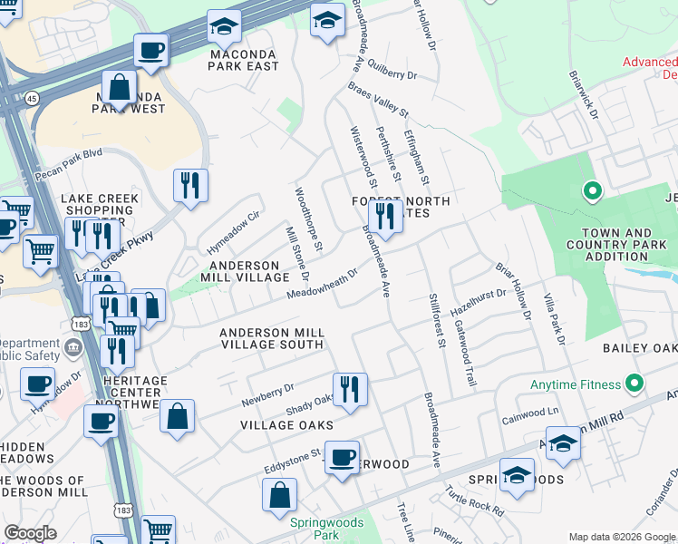 map of restaurants, bars, coffee shops, grocery stores, and more near 9613 Moorberry Street in Austin