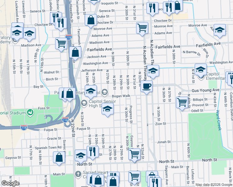 map of restaurants, bars, coffee shops, grocery stores, and more near 1446 North 29th Street in Baton Rouge