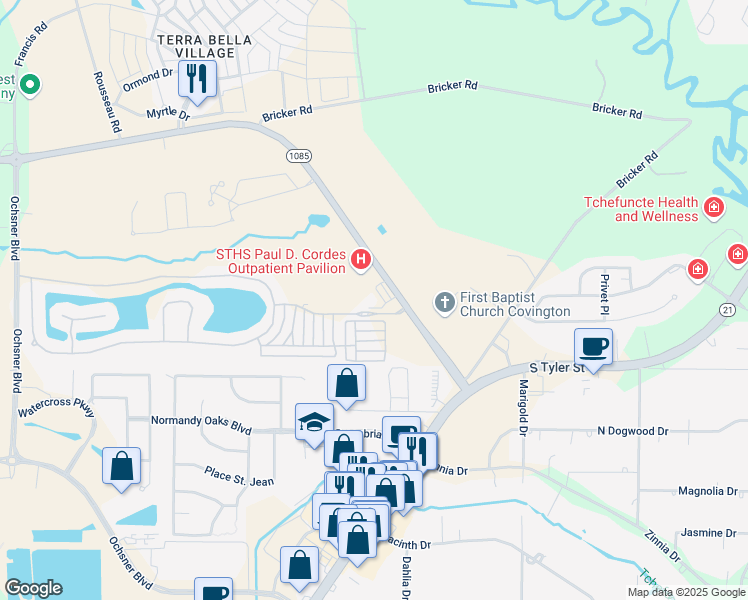 map of restaurants, bars, coffee shops, grocery stores, and more near 16330 Louisiana 1085 in Covington