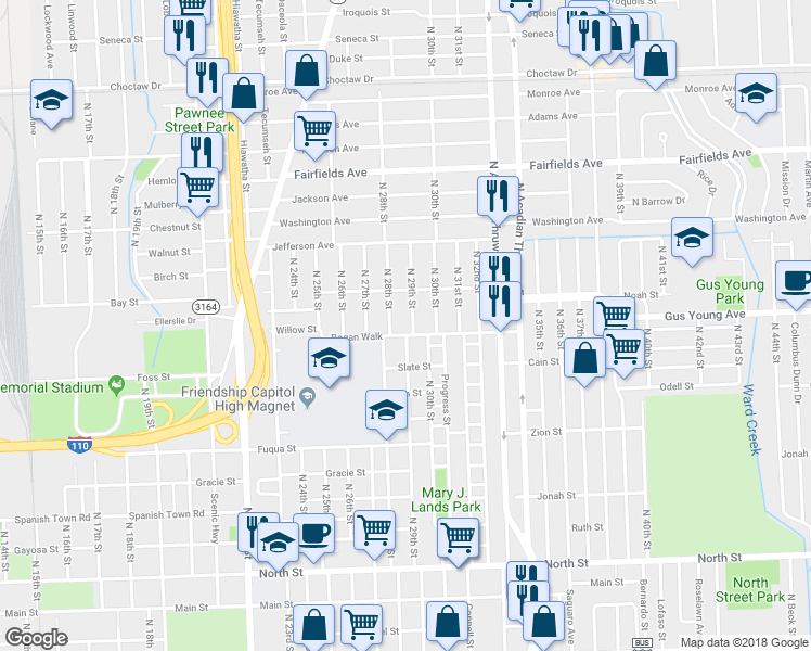 map of restaurants, bars, coffee shops, grocery stores, and more near 1407 North 29th Street in Baton Rouge