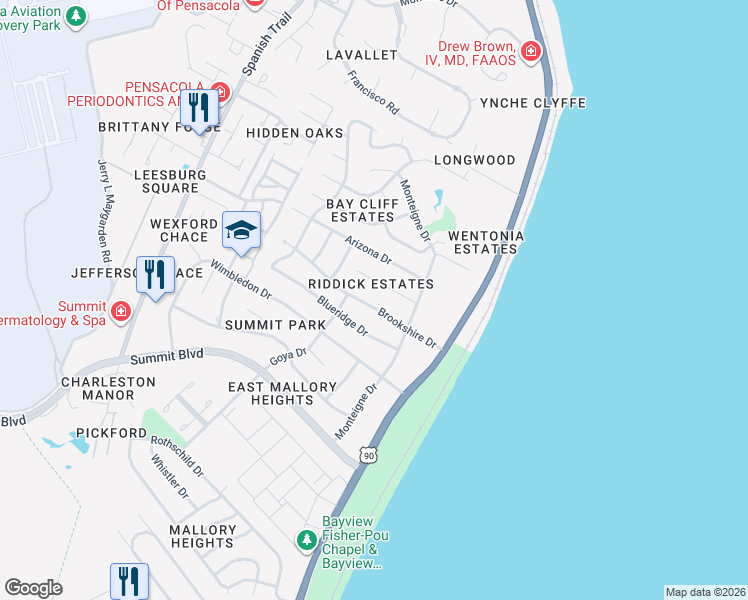 map of restaurants, bars, coffee shops, grocery stores, and more near 3549 Riddick Drive in Pensacola