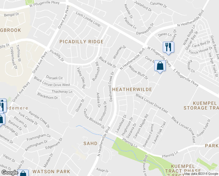 map of restaurants, bars, coffee shops, grocery stores, and more near Dashwood Creek Dr in Pflugerville