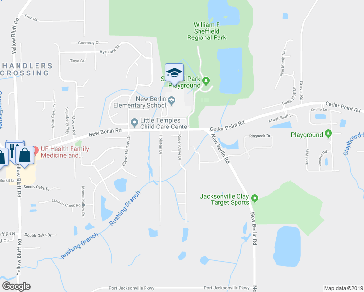 map of restaurants, bars, coffee shops, grocery stores, and more near 12349 Rouen Cove Drive in Jacksonville