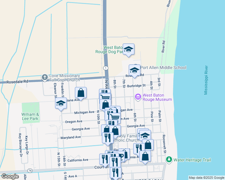 map of restaurants, bars, coffee shops, grocery stores, and more near 860 Burbridge Street in Port Allen