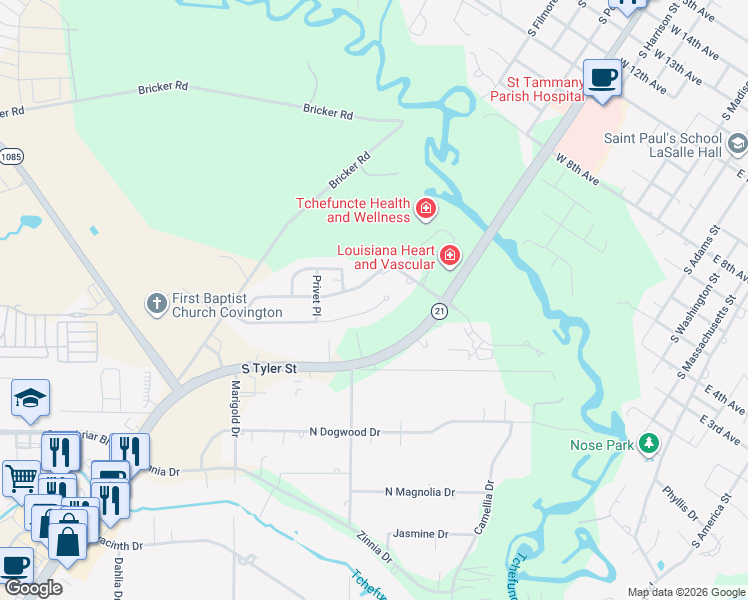 map of restaurants, bars, coffee shops, grocery stores, and more near 235 Cherokee Rose Lane in Covington
