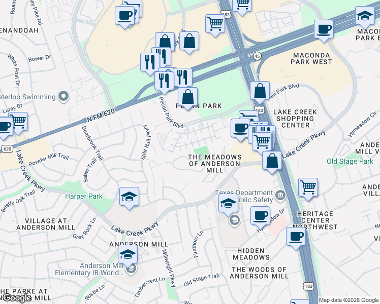 map of restaurants, bars, coffee shops, grocery stores, and more near 12504 Pranav Lane in Austin