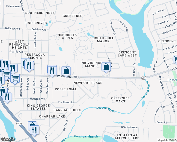 map of restaurants, bars, coffee shops, grocery stores, and more near 5839 Providence Loop in Pensacola