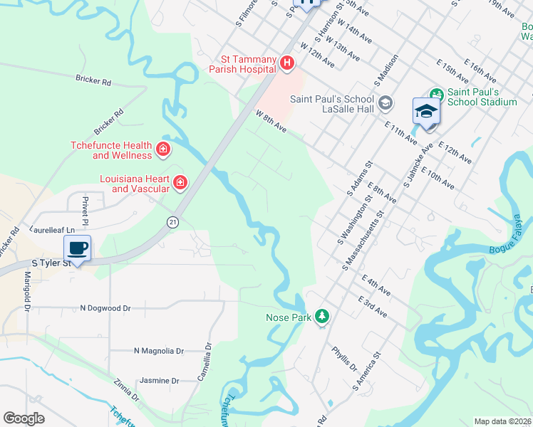 map of restaurants, bars, coffee shops, grocery stores, and more near 401 West 5th Avenue in Covington