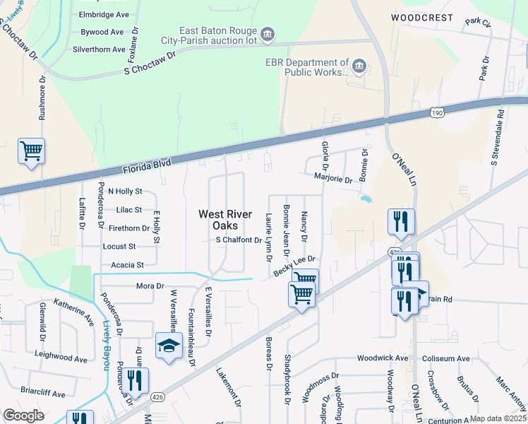 map of restaurants, bars, coffee shops, grocery stores, and more near 321 Laurie Lynn Drive in Baton Rouge