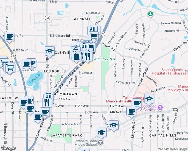 map of restaurants, bars, coffee shops, grocery stores, and more near 743 Gwen Street in Tallahassee