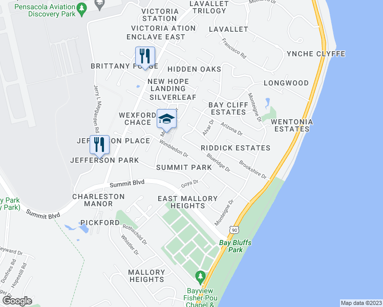map of restaurants, bars, coffee shops, grocery stores, and more near 3550 Wimbledon Drive in Pensacola
