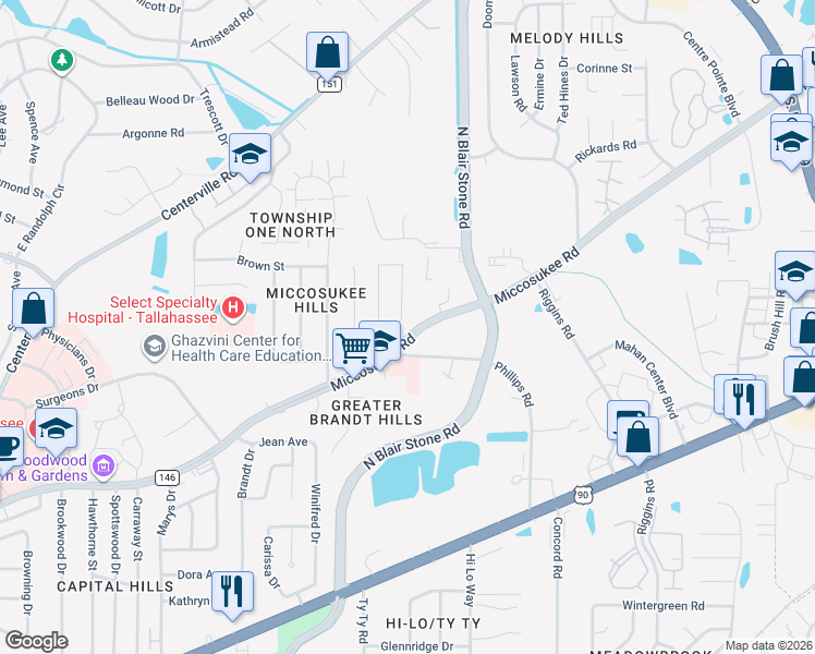 map of restaurants, bars, coffee shops, grocery stores, and more near 542 Teal Lane in Tallahassee