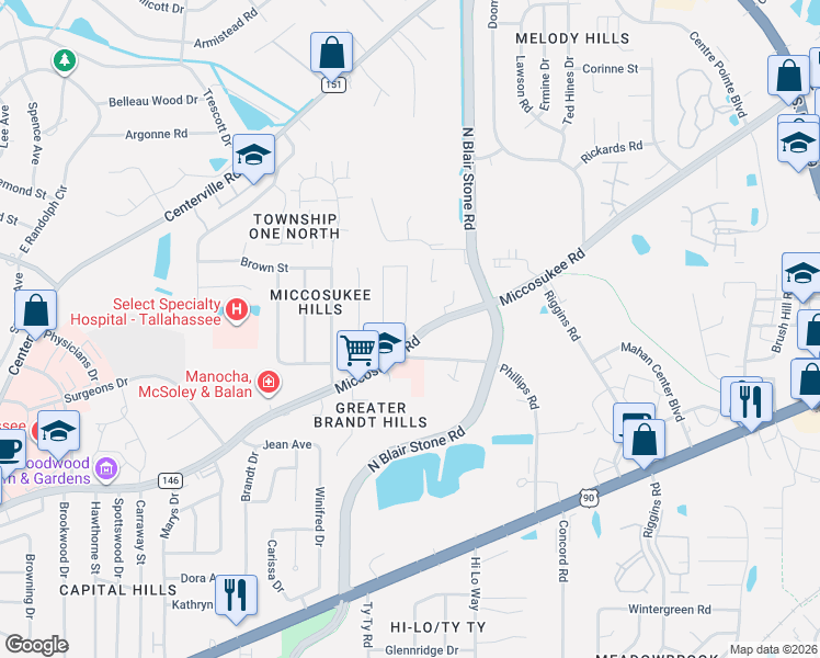 map of restaurants, bars, coffee shops, grocery stores, and more near 542 Teal Lane in Tallahassee
