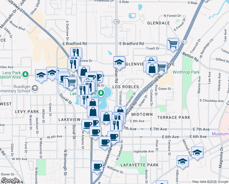 map of restaurants, bars, coffee shops, grocery stores, and more near 1649 Lake Ella Drive in Tallahassee