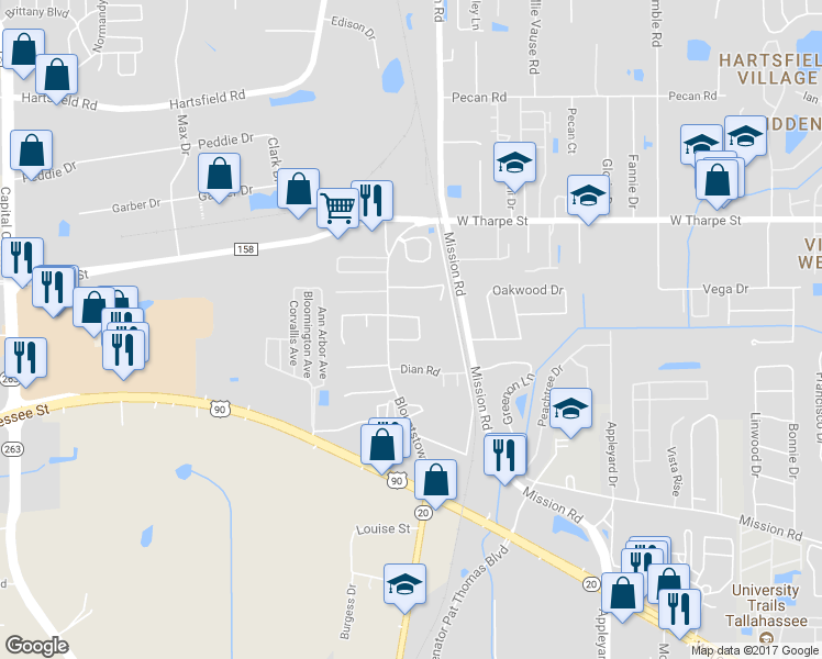 map of restaurants, bars, coffee shops, grocery stores, and more near 1582 Country Lane in Tallahassee