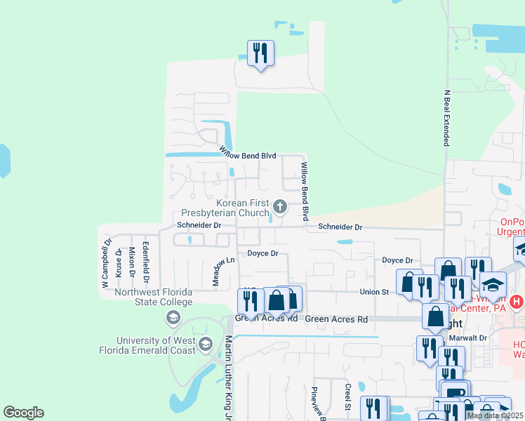 map of restaurants, bars, coffee shops, grocery stores, and more near 512 Landview Drive in Fort Walton Beach