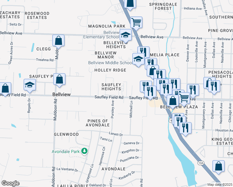map of restaurants, bars, coffee shops, grocery stores, and more near 9 Glynquist Avenue in Pensacola