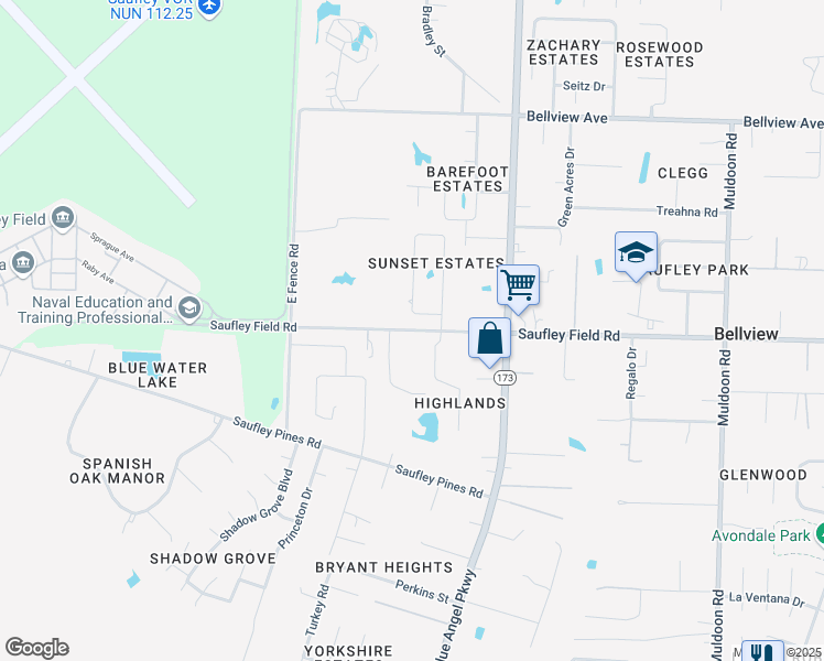 map of restaurants, bars, coffee shops, grocery stores, and more near 6210 Suntan Circle in Pensacola