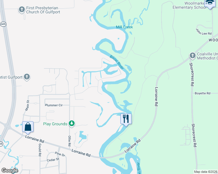 map of restaurants, bars, coffee shops, grocery stores, and more near 10333 Riverroad Drive in Gulfport