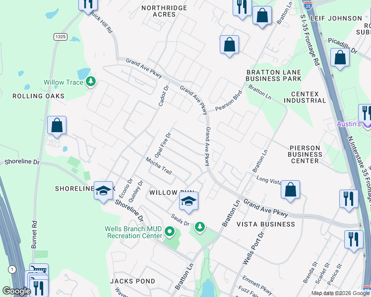 map of restaurants, bars, coffee shops, grocery stores, and more near 3409 Roller Crossing in Austin