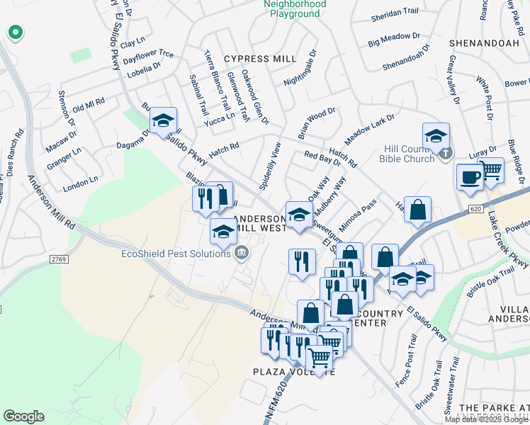 map of restaurants, bars, coffee shops, grocery stores, and more near 1904 Ebony Lane in Cedar Park