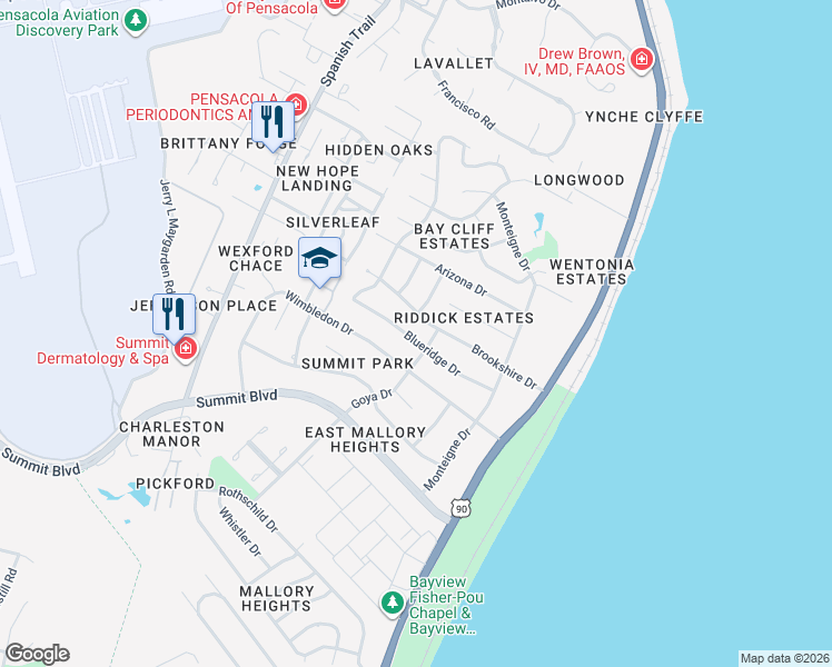 map of restaurants, bars, coffee shops, grocery stores, and more near 3460 Blueridge Drive in Pensacola
