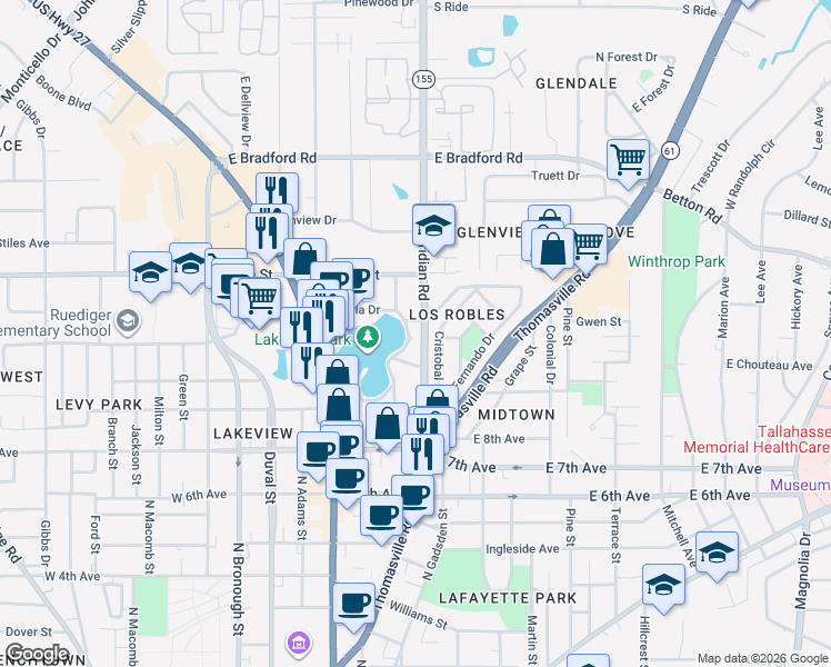 map of restaurants, bars, coffee shops, grocery stores, and more near 1647 Lake Ella Drive in Tallahassee