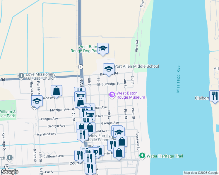 map of restaurants, bars, coffee shops, grocery stores, and more near 967 6th Street in Port Allen