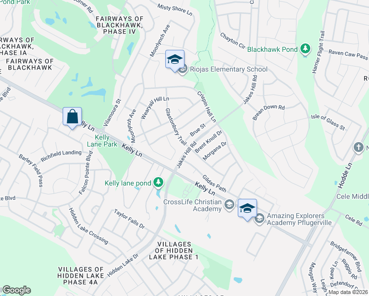 map of restaurants, bars, coffee shops, grocery stores, and more near 3629 Glastonbury Trail in Pflugerville