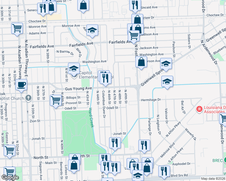 map of restaurants, bars, coffee shops, grocery stores, and more near 4662 Gus Young Avenue in Baton Rouge