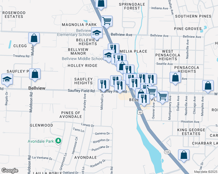 map of restaurants, bars, coffee shops, grocery stores, and more near 4528 Saufley Field Road in Pensacola