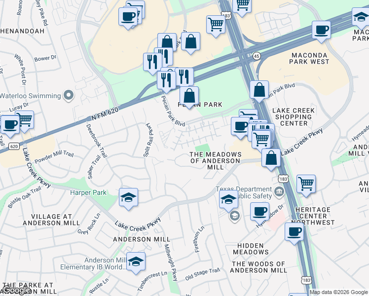 map of restaurants, bars, coffee shops, grocery stores, and more near 12504 Pranav Lane in Austin