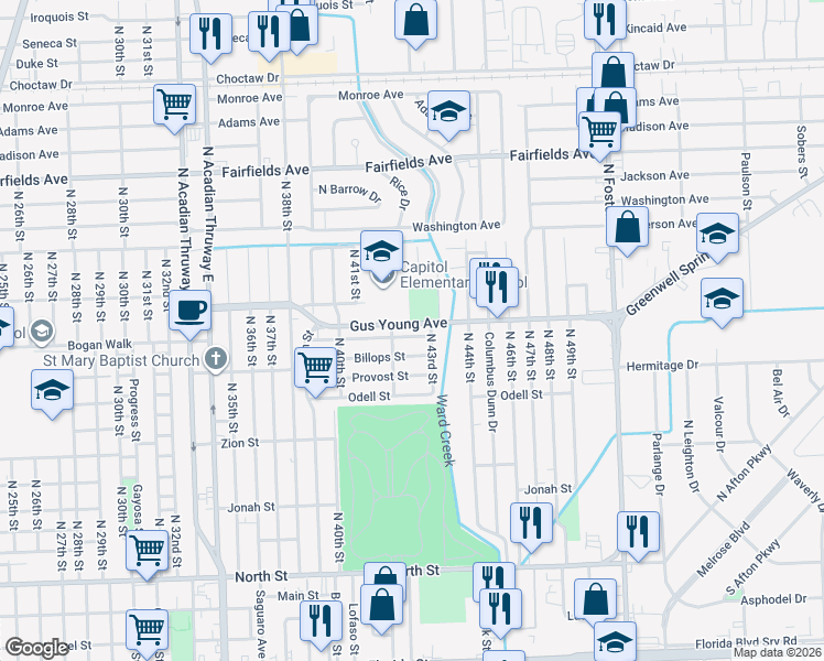 map of restaurants, bars, coffee shops, grocery stores, and more near 4242 Gus Young Avenue in Baton Rouge